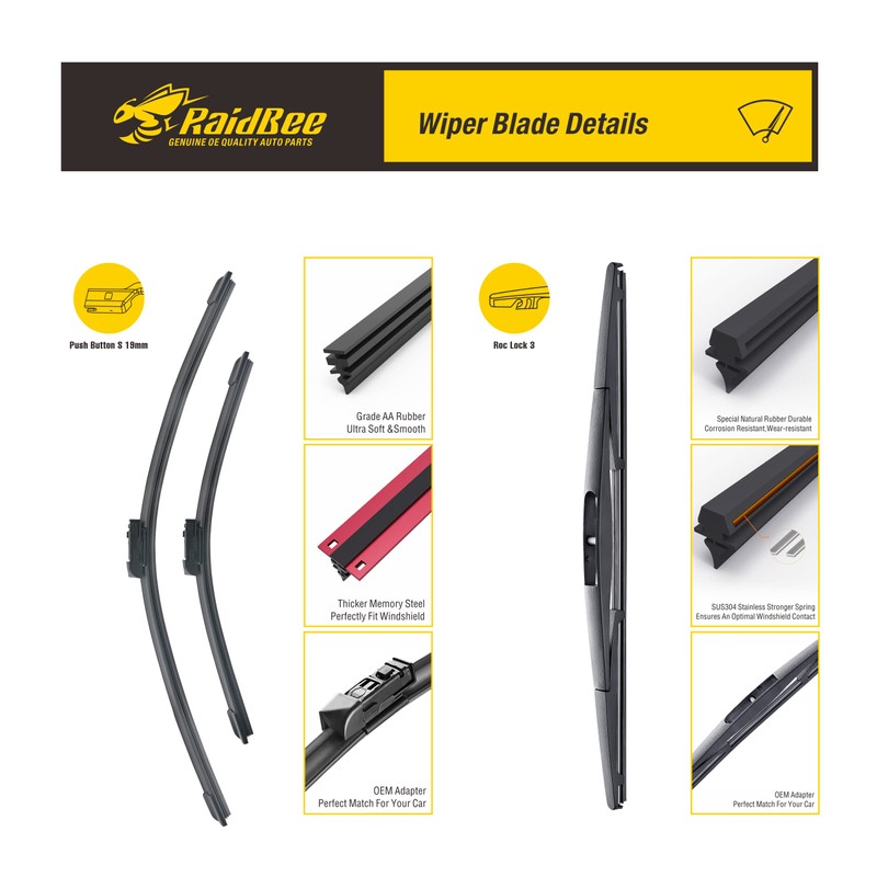 Raidbee® 26"+17" Windshield Wiper Blades with 14" Rear Wiper Blade