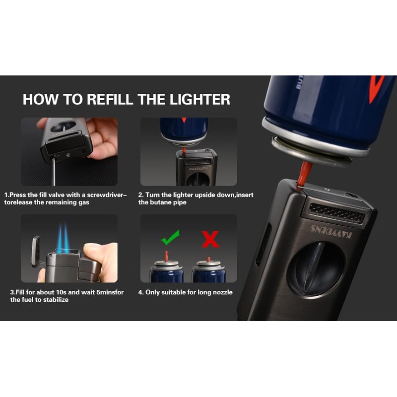 KAVYDENS Triple Jet Torch Lighter with Deep V-Cut Cigar Cutter