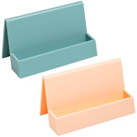 Business Card Holder, 2 Pieces Plastic Business Cards Display, Modern Card Holder for Desk, Desktop Card Holders Organizer, Office Desk Accessories for Men and Women (Lake Blue and Peach Pink)