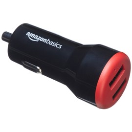 Amazon Basics - Cargador de coche USB dual de 4,8 amperios y 24 W para dispositivos Apple y Android, color negro y rojo, paquete de 4                 