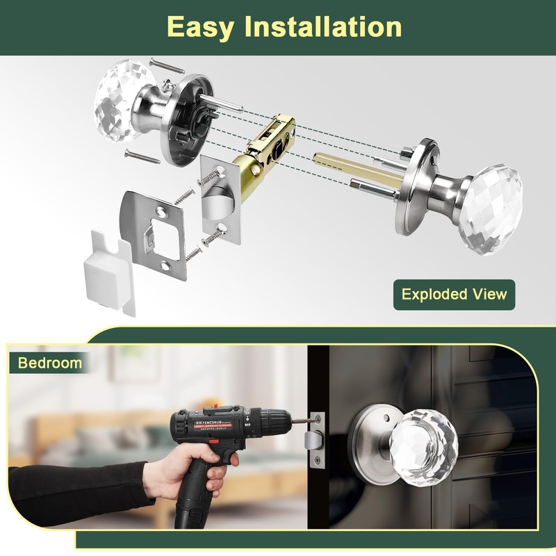 Lepushom 1 Pack Crystal Door Knobs Interior, Elegant Satin Nickel