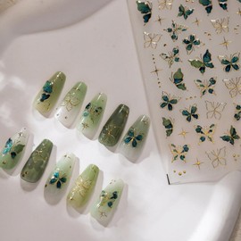 Green Butterfly Nail Stickers 5D Embossed Gold Butterfly Nail Decals Gold Star Nail Art Stickers Self-Adhesive Spring Nail Supplies Summer Nails Decoration Accessories for Women Girls Manicure 1 Sheet