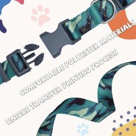 Pawhuggies Transfer Printing Dog Collar and Leash Set, 4 FT/5 FT Polyester Adjustable Dog Collar with Quick Release Buckle Heavy-Duty D-Ring, Strong Zinc Alloy 360° Clasp Dog Leash, Green Camo,S