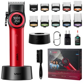 VGR 001 Professional Hair Clippers for Men, Cordless Barber Clippers for Hair Cutting, Carbon Steel Blade Hair Trimmers for Barbers, 9000RPM, LED Display, Red