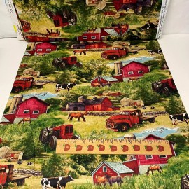 David Textiles Country Rustic Fabric Barn Tractor & Pickup Truck Scene David Textiles Half-Yard