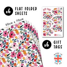 Flower Wrapping Paper - 6 Sheets of Wrapping Paper - Acrylic Painted Flowers - White Wrapping Paper for Wedding, Bridal Shower, Birthday, Spring - Recyclable - by Central 23