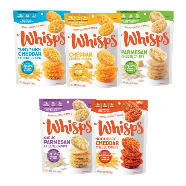 Whisps Cheese Crisps Variety Pack | Protein Chips | Healthy Snacks | Protein Snacks, Gluten Free, High Protein, Low Carb Keto Food | Parmesan, Cheddar, Ranch, Hot & Spicy, Garlic Herb (2.12 Oz, 5 Pack)