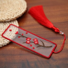 XINSHUN Embroidery Bookmark with Cute Patterns,Transparent Organza Bookmark,Embroidery Kit Christmas Gift for Adults Kids(red plum,1 pack)