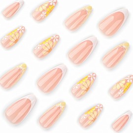 French Tip Press on Nails Medium Almond Nails Stick on Nails Yellow Flowers Fake Nails with Glue Glossy Acrylic Nails Design Full Cover False Nails for Women DIY Manicure Decoration Supply