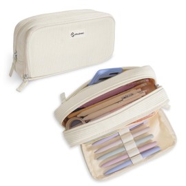 FINPAC Pencil Case, Double-Layer Corduroy Pencil Case with 3 Compartments, Large Capacity School Pencil Pouch, Portable Stationery Marker Pen Case, (Beige)