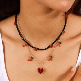 Stocking Stuffers Gifts for Women Cherry Necklace Cherry Charm Necklace for Women Gold Chain Necklace Red Heart Beaded Necklace Dainty Red Cherry Fruit Pendant Necklace Trendy Stuff