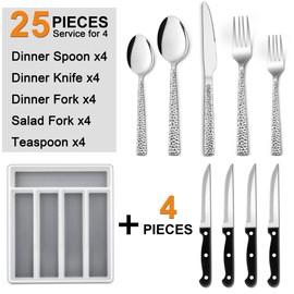 E-far 24-Piece Silverware Set with Steak Knives and Organizer, Hammered Stainless Steel Cutlery Flatware Set for 4, Modern Tableware Eating Utensil for Kitchen, Mirror Polished & Dishwasher Safe