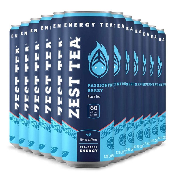 High Caffeine Energy Teas by Zest (Passionfruit Berry) –– Natural, Non-GMO Plant-Based Energy, 3X Caffeine Of Traditional Iced Teas, Low Sugar & Low Acid Coffee Alternative, 150 mg Caffeine + 100 mg L-Theanine per 12 Oz Can, 12 Pack
