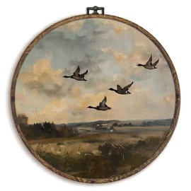 KFXHANGD Vintage Geese Flying Round Wall Art Framed, Farmhouse Bird Canvas Wall Art Decor, Rustic Country Goose Hanging Decor for Gallery Bathroom Living Room, 10x10inch