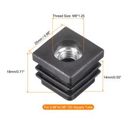 sourcing map 16Pcs Plastic Threaded Tube Inserts with M8 Thread, for 0.98"x0.98" OD Square Tube, Adjustable Square Black Plastic Plug Caster Insert Chair End Caps Furniture Leg Plug