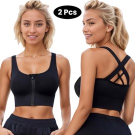newnice Zip Front Sports Bra Multi-Pack Women's Wide Cross Strappy Padded Medium Support High Impact Bras Gym Yoga Mastectomy (CA/US, Alpha, XX-Large, Regular, Regular, 2Pack Black,Black)