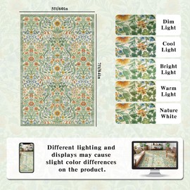 5×7 Grass Green Washable Floral Area Rug,Vintage Boho Soft Low-Pile Living Room Rugs, Stain Resistant Botanical Non-Slip Carpet for Bedroom,Dining Room, Kids Nursery,Home Decor