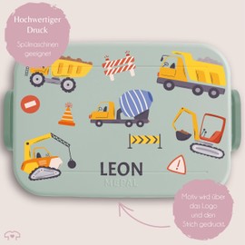 Children's Bento Box Midi for Mepal Bento Box - Bread Box Excavator with Name Lunch Box Construction Site Lunch Box Construction Site Vehicles I Dump Truck I Concrete Mixer - 900 ml - Sage Green