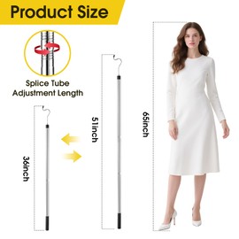 Clothes Hook Pole, Extendable from 35" to 50" Stainless Steel Closet Pole Reacher with S-Shaped Hook for Hanging Clothes, Plants, Lights