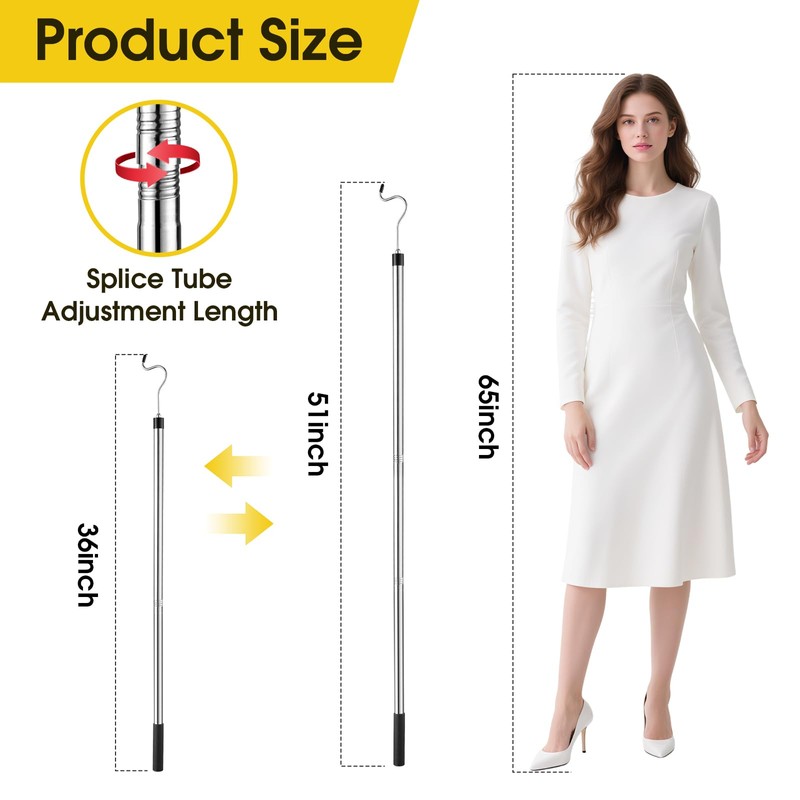 Clothes Hook Pole, Extendable from 35" to 50" Stainless Steel