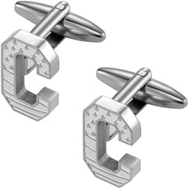 HAWSON Initial Cufflinks for Men with USA Flag Design, Classic Silver Cuff Links with Letter Monogram Suits Shirt Studs for Wedding Party