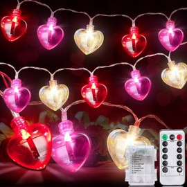 8 Modes & Remote Control - 2 Pack Valentine's Day Lights Decorations Total 16.4 Ft 40 LEDs Red Pink White Heart String Lights Timer Battery Operated Valentines Decor Indoor Wedding Each 8.2 Ft 20 LED