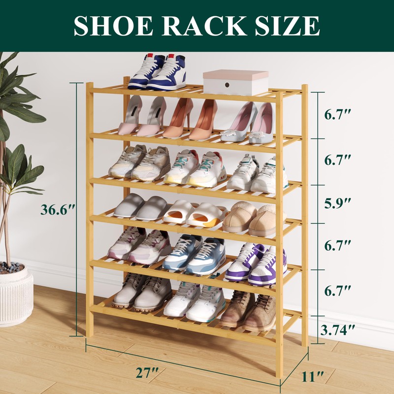 Smiry Bamboo Shoe Rack for Closet, 6 Tier Wooden Stackable