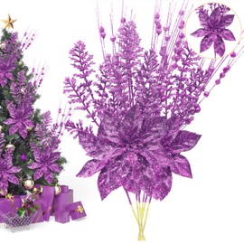 Artificial Glitter Berry Stem Ornaments, 18 Pack 17.5 Inch Purple Fake Christmas Picks Decorations with Poinsettia Christmas Flowers,Twigs Bead Stick for Christmas Tree Wedding Small Vase Wreath Decor