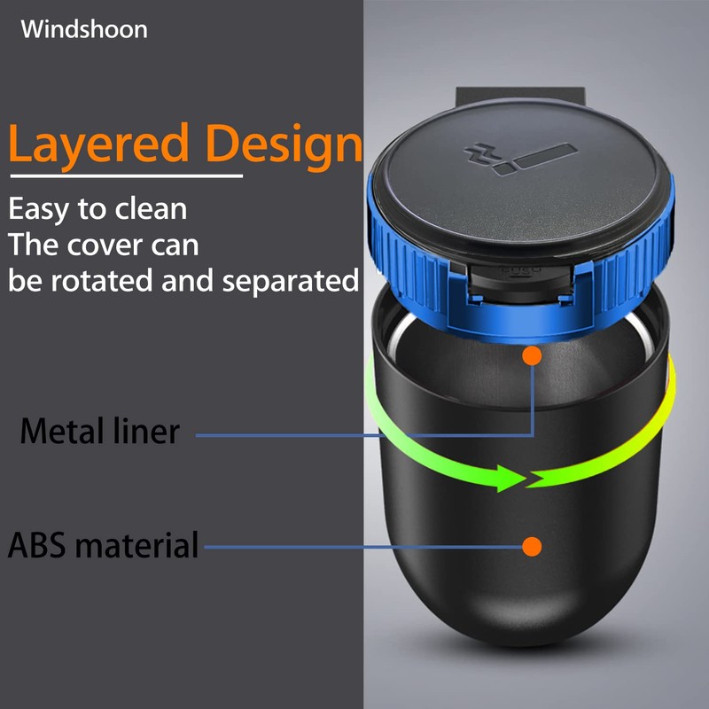 Windshoon Smokeless Car Ashtray with Lid - Stainless Steel Inner