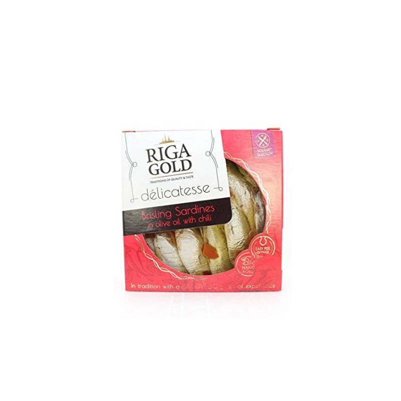 Riga Gold Brisling Sardines in Olive Oil with Chili -