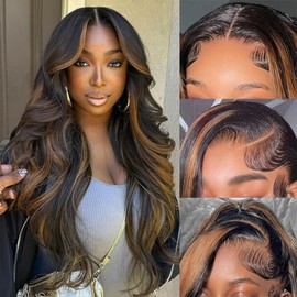 MENGLLE 13x6 Body Wave 1B/30 Highlight Lace Front Wig Human Hair 200% Density HD Transparent Ombre Lace Front Wig Human Hair Colored Balayage Wig for Black Women 24 Inch