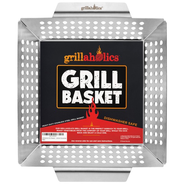 Grillaholics Grill Basket for Outdoor Grill - Durable Premium Stainless Steel Vegetable Grill Basket - XL Family Size BBQ Grill Basket - Perfect Grilling Accessories for Veggies, Fish, Shrimp & Kebabs