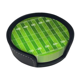 6 Pack Football Field with Grass Coaster for Drinks with Holder, Funny Waterproof Non-Slip Leather Coasters for Wooden Coffee Table Dinning Bar Decor