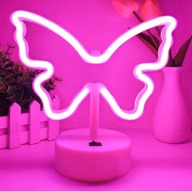 VIFULIN Pink Butterfly Neon Sign - LED Neon Light for Girls Bedroom Decor, Butterfly Lamp Gifts for Teen, USB/Battery Operated Aesthetic Night Light with Base for Birthday Christmas Desk Table