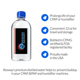 Resway Distilled Water | 12 oz 24 Pack H2O Travel Bottles for Resmed, Respironics Machines, Humidifier, Multi Use | Medical Supplies for Vacation | Clean, Travel-Friendly