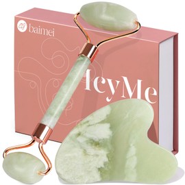 BAIMEI Juego de rodillo de jade y gua sha y herramientas faciales Gua Sha para rutina de cuidado de la piel y hinchazón, color verde claro            