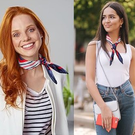 LJFEA 2 Nautical Square Imitation Silk Scarves Red White Blue Scarves Women's Sailor Neckerchiefs, blue