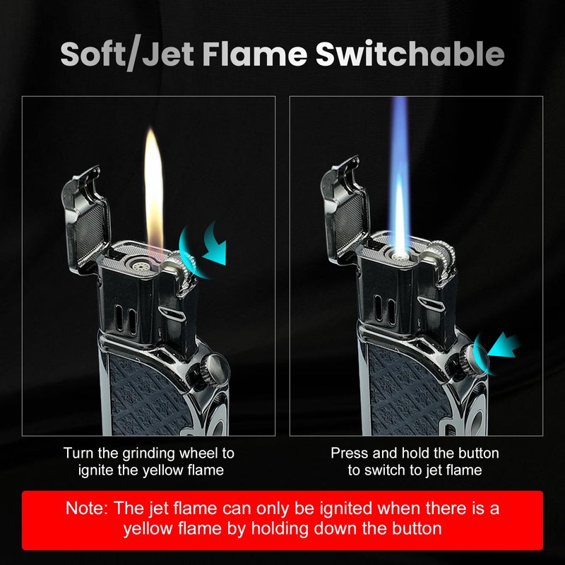 Butane Torch Lighter,Soft/Jet Dual Switchable Windproof Adjustable Flame,Refillable Grinding Wheel