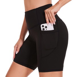 iniber - Pantalones cortos de motociclista para mujer, con bolsillos, cintura alta, entrenamiento, yoga, elastano, suave, atlético, para bicicleta, para correr, Sólido Negro, Large