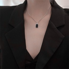 Black Square Onyx Pendant Necklace Gold Plated Vintage Simple Gemstone Rectangle Geometric Small Lightweight Chain Necklace for Women Men Minimalist Birthday Prom Wedding Party Fashion Jewelry Gifts (Silver)
