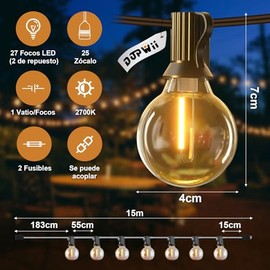 Dopwii Guirnalda de Luces LED Exterior, 15m 25+2 Focos LED G40 Inastillables Alto Brillo, Impermeable IP65, Serie Luz Vintage Decorativas para Iluminación de Jardin Patio Boda Hogar Navidad