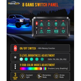 Partsam 5.5 Inch RGB 8 Gang Switch Panel, 3 Silicone Button 5 Brightness Levels Multifunction Toggle Switch Button Auxiliary Circuit Control Box Electronic Relay for Truck RV ATV UTV Boat