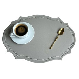 Double-Texture Faux Leather Oval Placemats Set of 6 Washable Heat Insulation Mats Watertight and Non-Slip for Home Kitchen 、Coffee Shops、Restaurants(Grey)