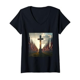 Womens Memorial Cross with American Flags at Sunset V-Neck T-Shirt