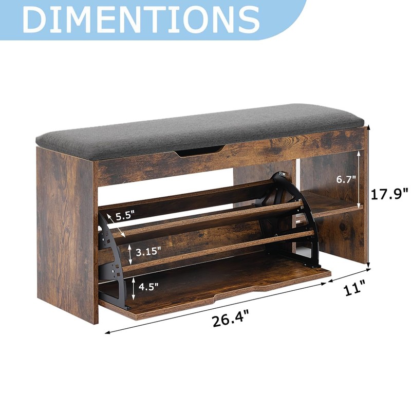 Shoe Storage Bench with Flip Drawers & Lift Top Storage