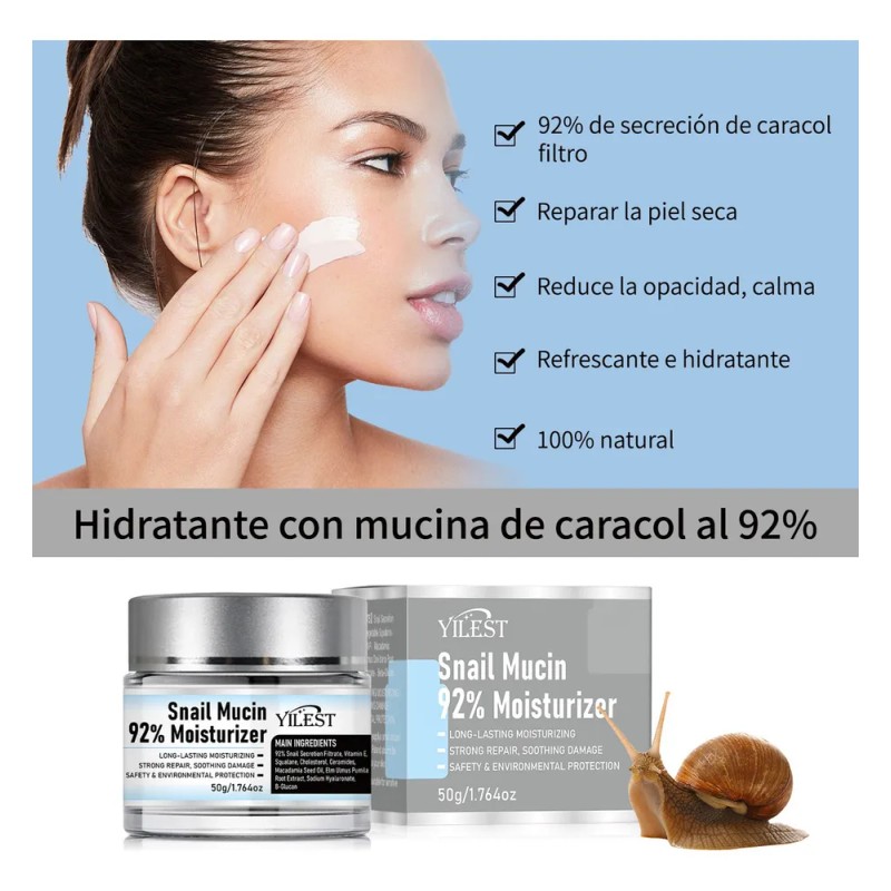 Crema Facial Hidratante YILEST 92% Baba de Caracol Antiarrugas Día