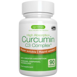 Ultra Soluble Curcumin C3 Complex, Trio of Curcuminoids, Clean Label, 300% Greater Absorption & Rapid Uptake, Vegan Supplement, 1-a-Day, 90 Capsules, by Igennus