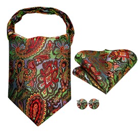 Hi-Tie Ascot Lapel Pin Set Mens Cravat Ties for men Wedding Scarf Tie Party Business Formal Tuxedo,Green Red Paisley