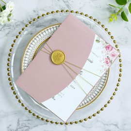 ponatia 20PCS Dusty Rose Wedding Invitation Cards Kits - 5x7 Wrap Pocket Invitation Cards with Envelopes, Gold Wax Seals, Ribbons For Wedding, Baby Shower, Birthday, Quinceanera Invitation