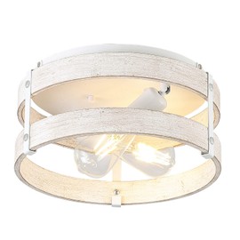 Modern Farmhouse ?Antique White Distressed Flush Mount Light Fixture 2-Light Wood Drum Semi Flush Mount Ceiling Light for Hallway Bedroom Kitchen Entryway Farmhouse